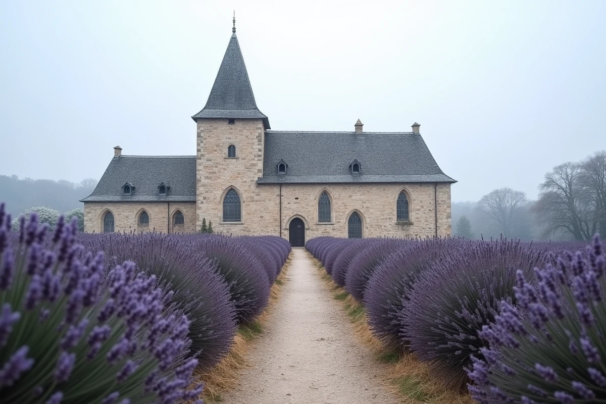 L'Abbaye de Sénanque près de Gordes en hiver entourée de rangs de lavande endormis sous un ciel gris hivernal
