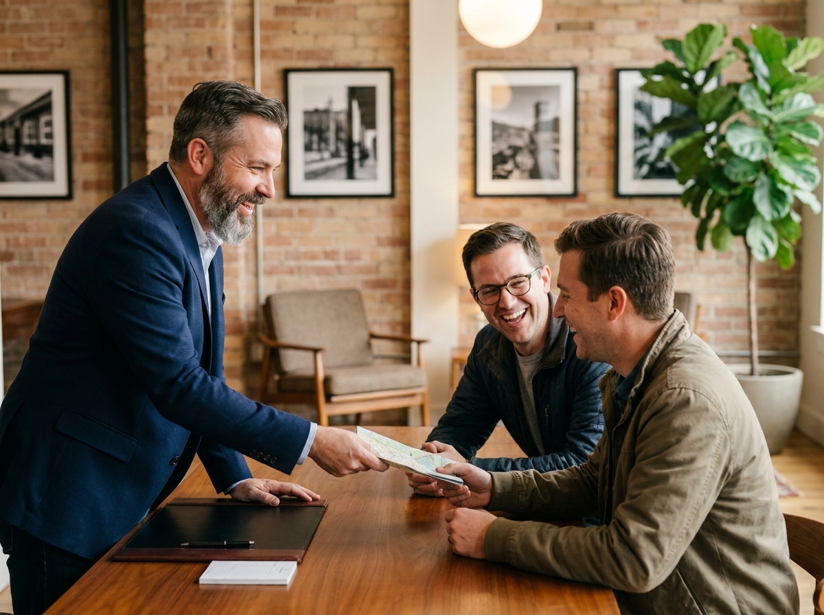 Concierge accueillant chaleureusement un couple dans un hébergement gay friendly