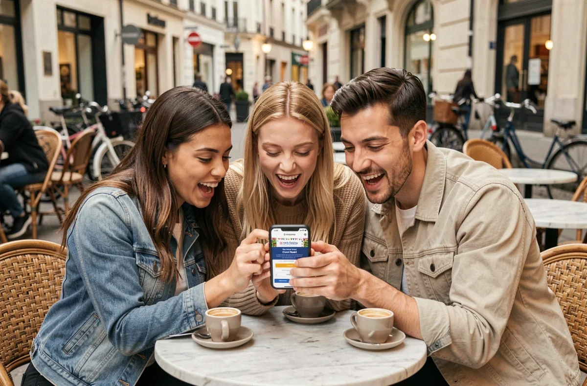 Groupe d'amis célébrant l'achat de billets Tomorrowland sur smartphone dans un café urbain européen