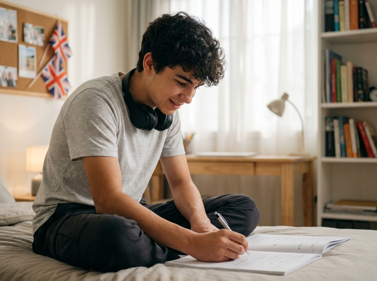 Adolescent étudiant le vocabulaire anglais dans sa chambre de famille d'accueil lors d'un séjour linguistique