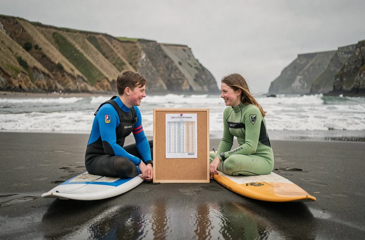 Deux adolescents en combinaison de surf consultant un tableau des marées sur la Côte des Basques à Biarritz