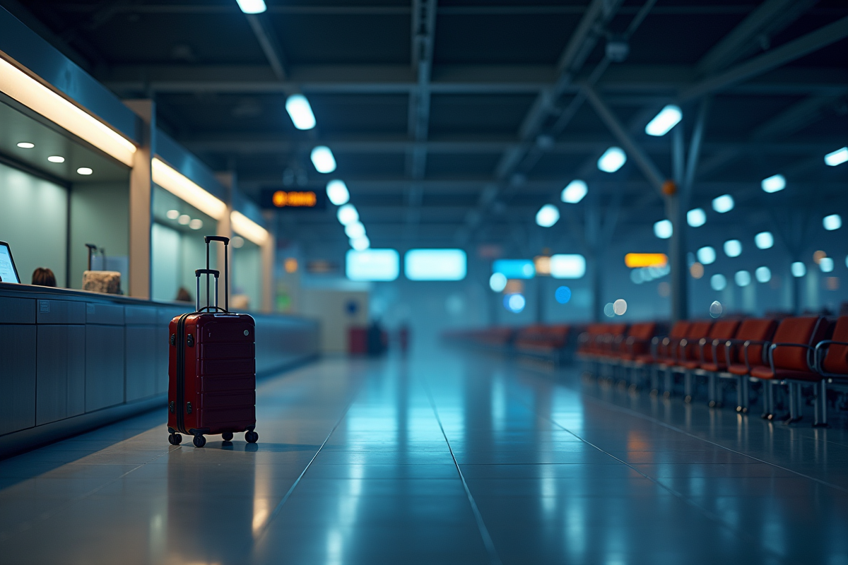 Aéroport calme avec une valise près du comptoir de check-in
