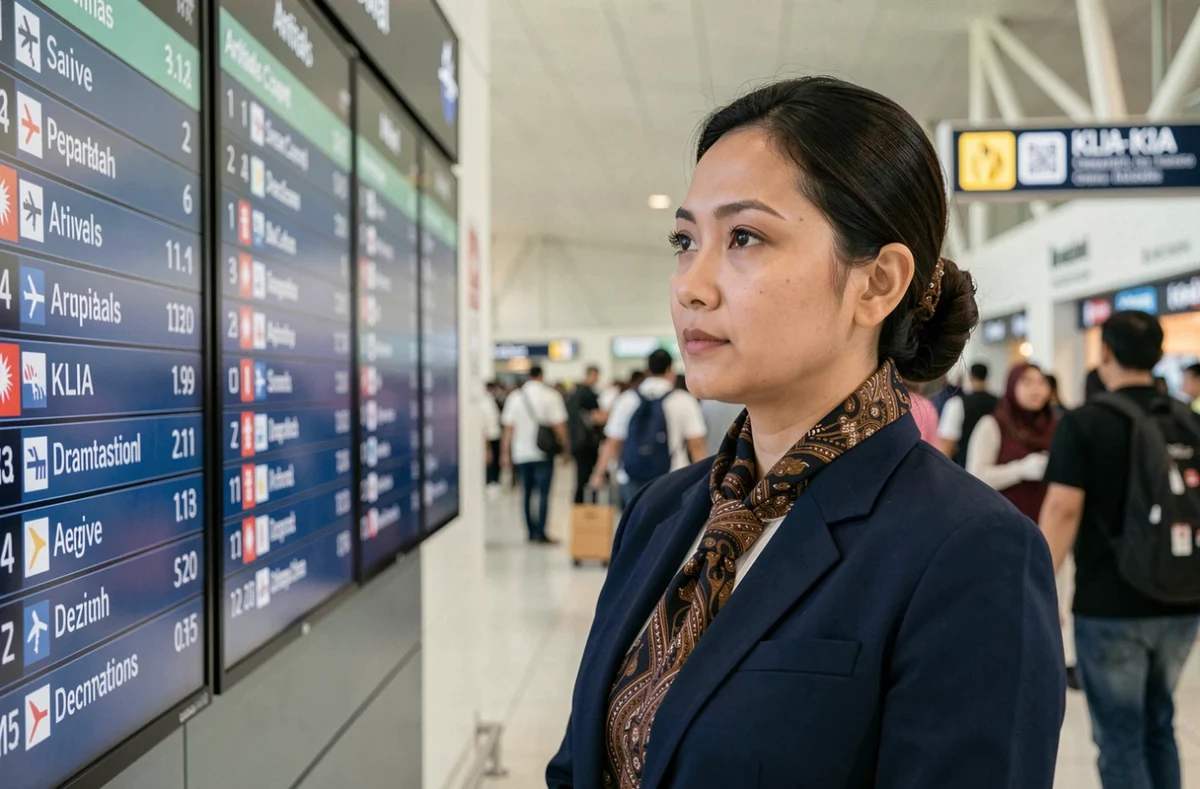 Agent aéroportuaire en uniforme devant le tableau des vols en temps réel à l'aéroport de Kuala Lumpur