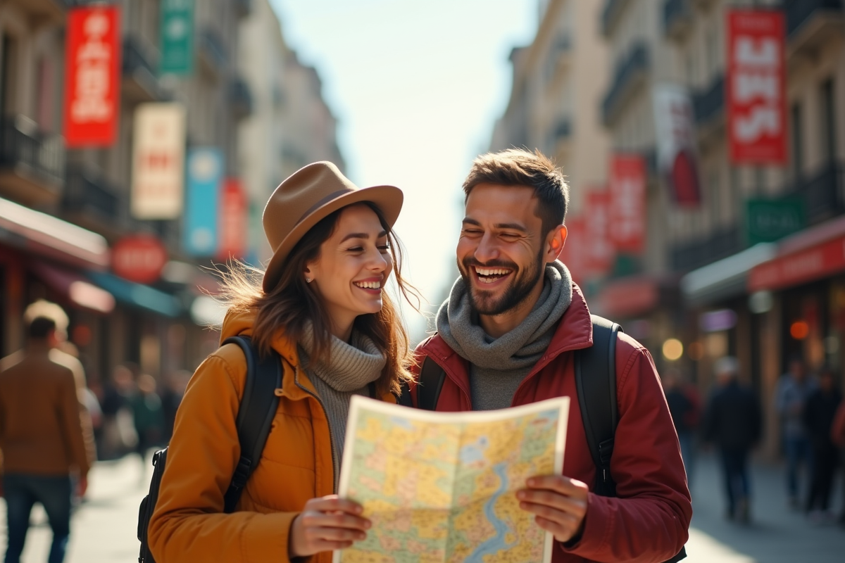 Amis souriants regardant une carte dans une rue animée