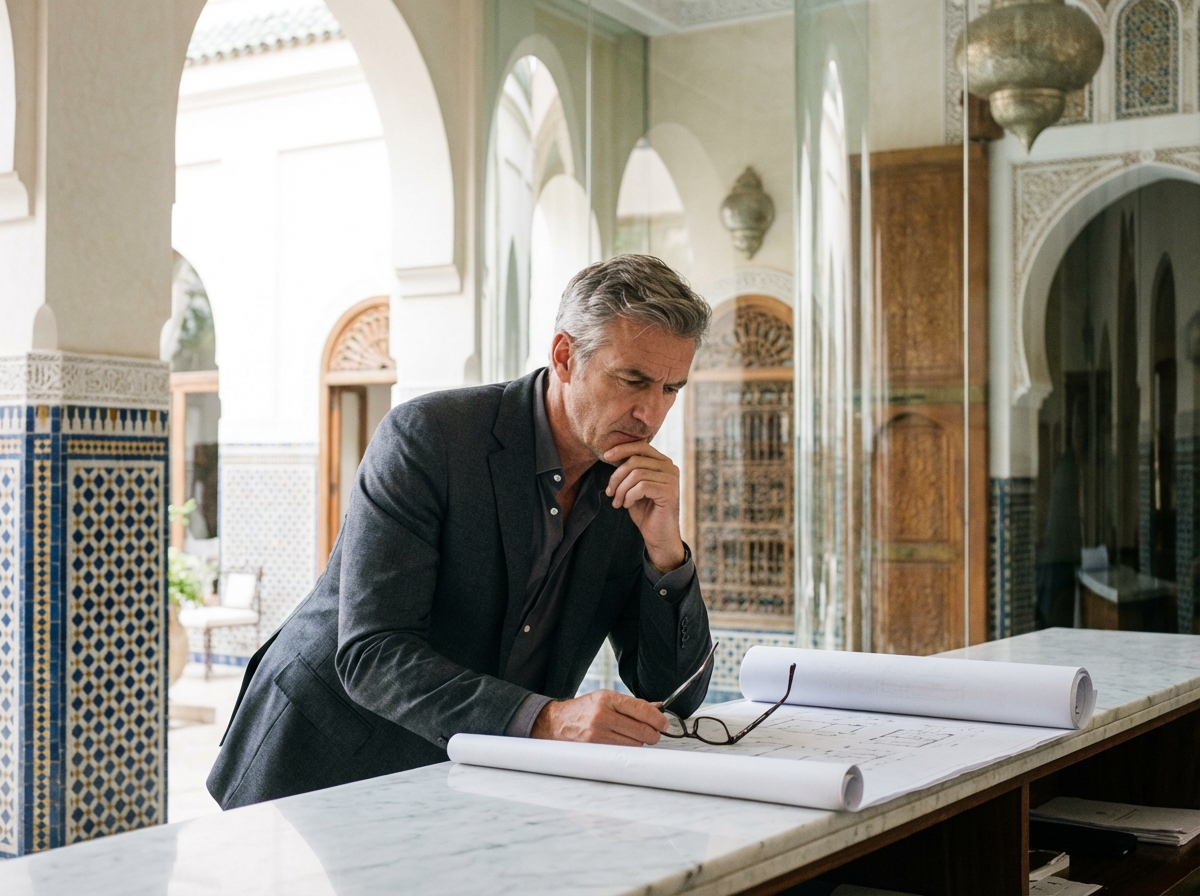 Architecte regardant des plans dans un lobby marrakchi