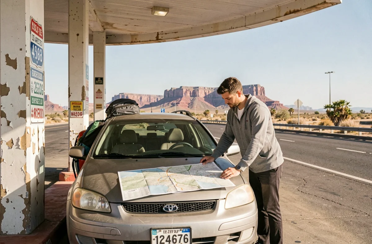 Couple faisant une pause dans une station-service entre Los Angeles et Las Vegas en consultant une carte routière sur le capot de leur voiture