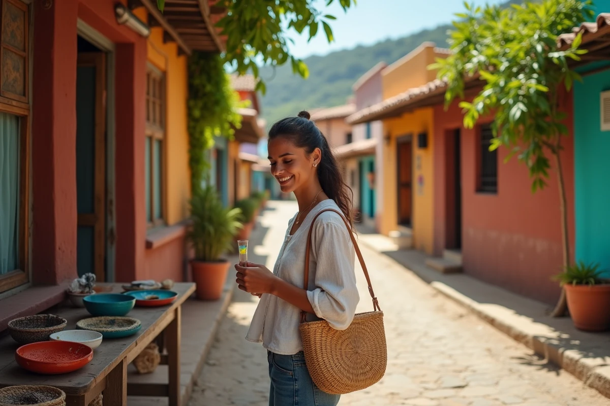 Femme visitant une boutique artisanale coopérative dans les rues colorées de Mazunte, Mexique