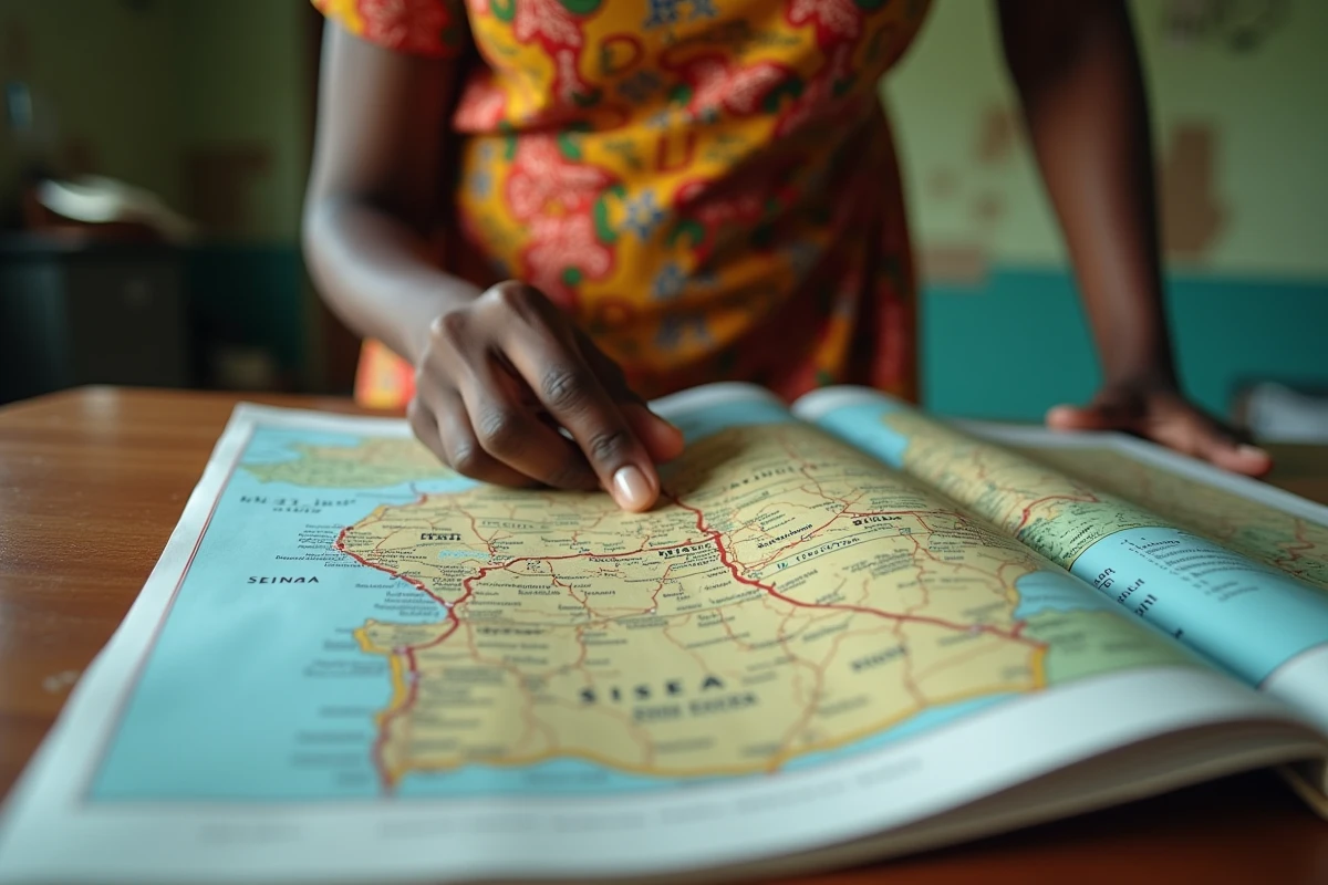 Femme traçant un itinéraire sur un atlas routier du Sénégal et des pays voisins dans un bureau de transport à Dakar