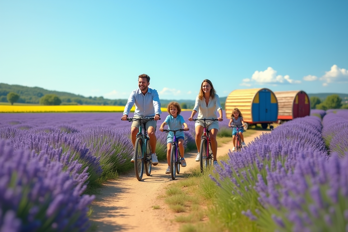 Famille à vélo dans un champ de lavande en Provence