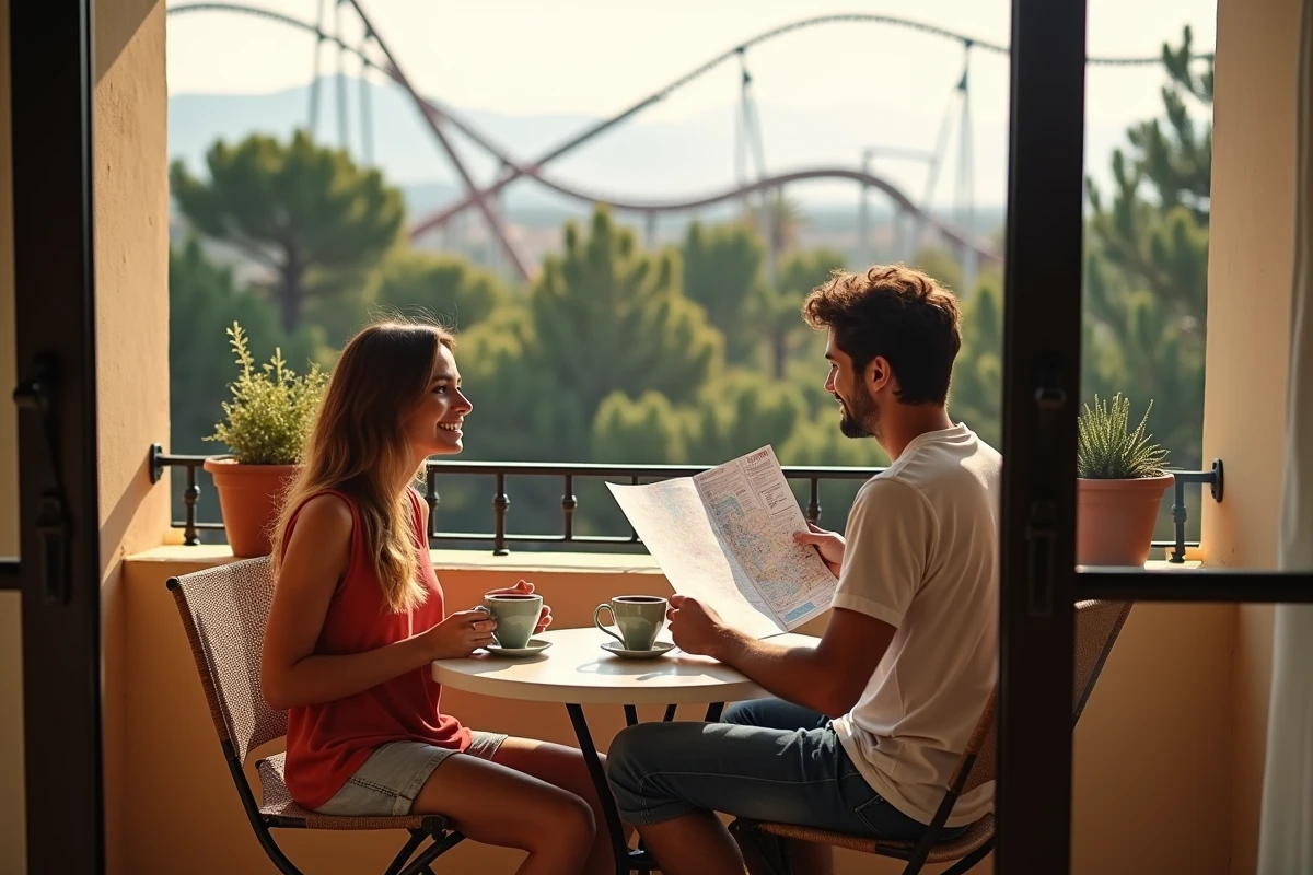 Couple sur le balcon d'un hôtel avec vue sur le parc d'attractions Espagne Aventura au loin