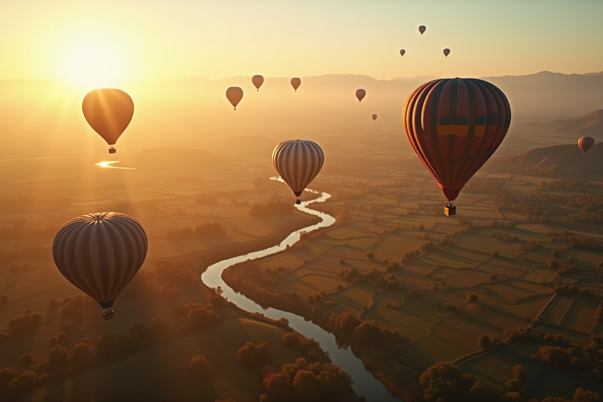 Ballons flottant au-dessus des champs et montagnes au coucher du soleil