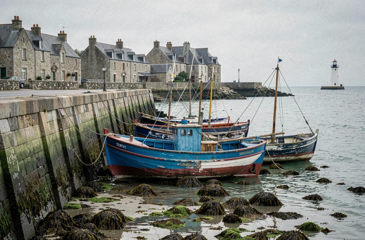 Port de Barfleur à marée basse avec bateaux de pêche colorés amarrés sur les rochers et maisons en pierre normande en arrière-plan