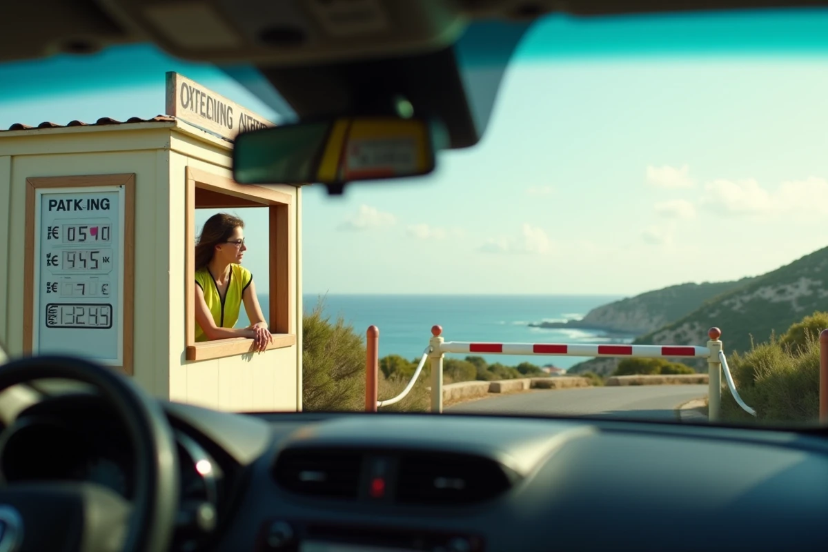 Vue depuis un habitacle de voiture face à une barrière de parking avec une agente en gilet jaune et un panneau tarifaire à Porquerolles