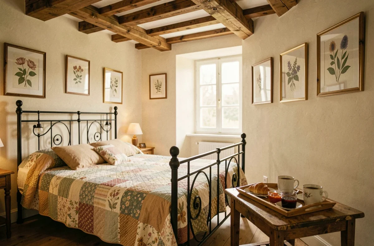 Chambre d'hôtes Bed & Breakfast France à Paris : lit en fer forgé, poutres en bois et plateau petit-déjeuner