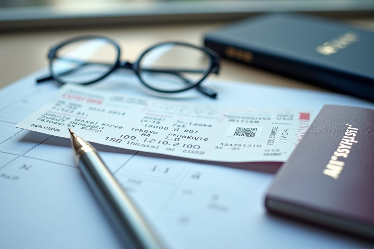 Billet d avion et passeport sur un bureau avec accessoires de voyage