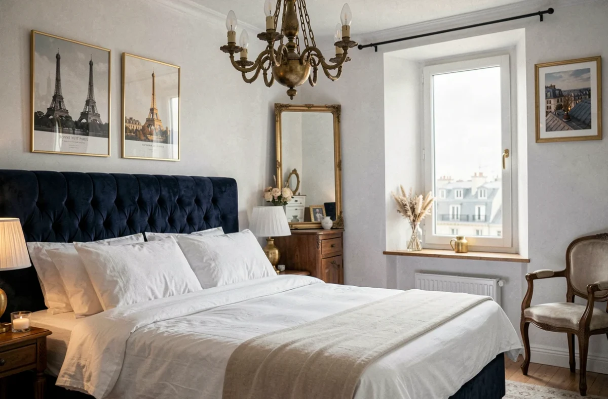 Chambre Bonne Nuit Paris avec tête de lit en velours bleu nuit et vue sur les toits parisiens