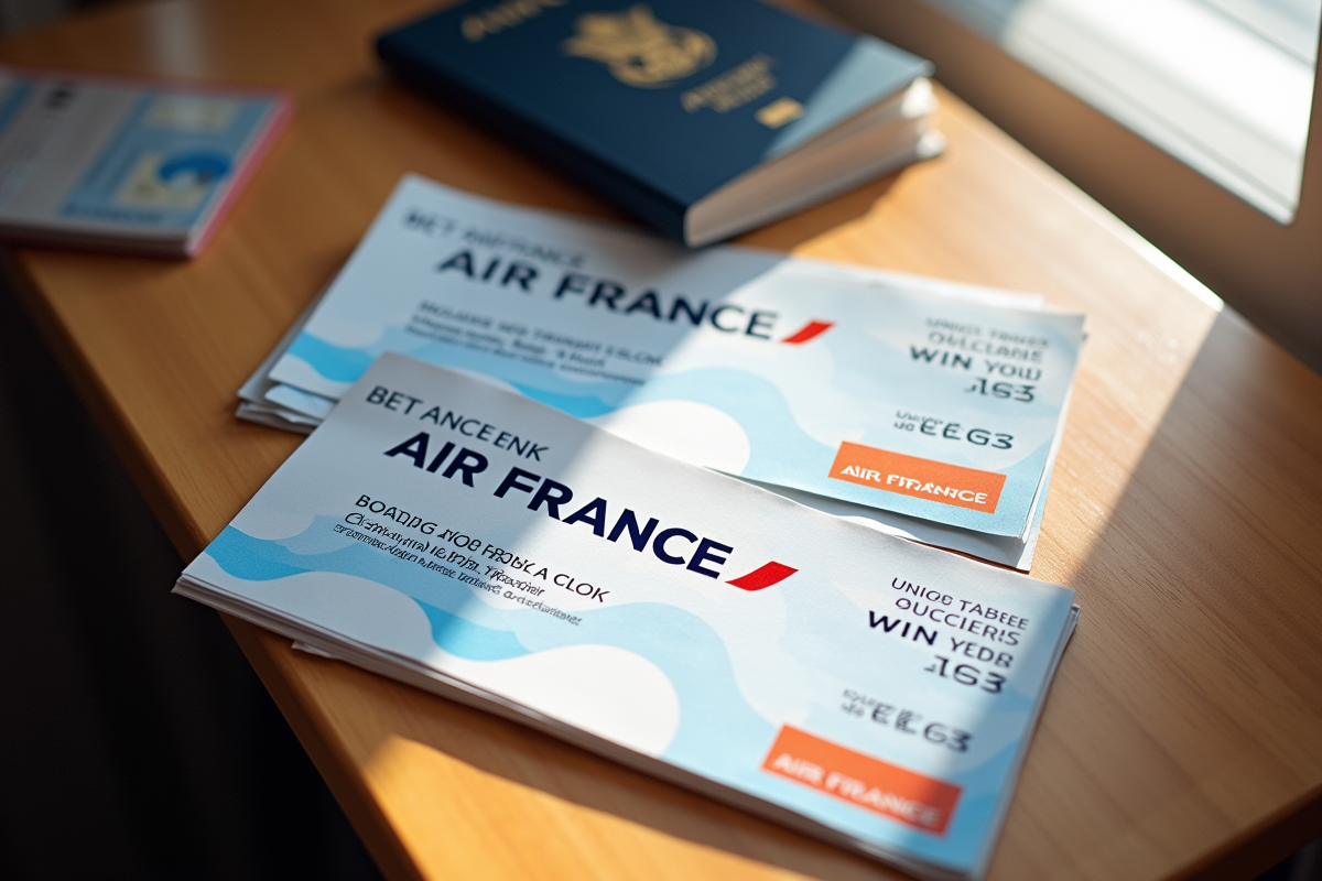 Bons Air France et billets sur une table en bois
