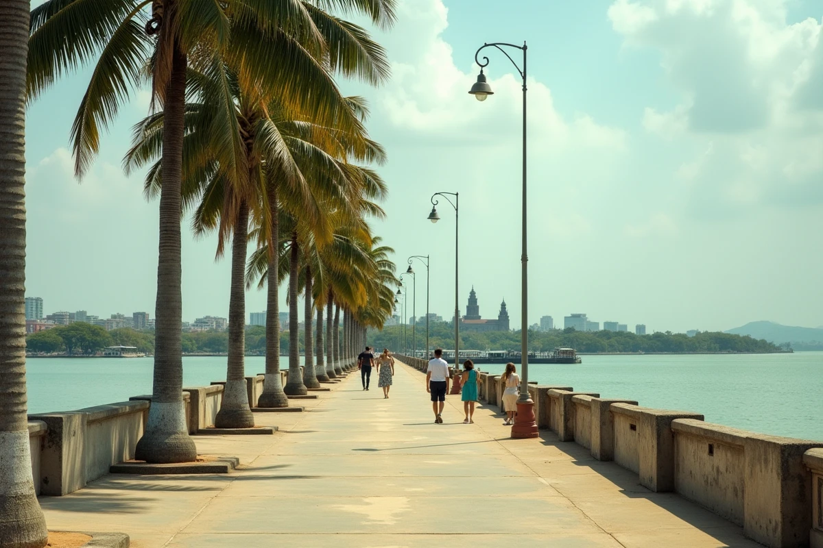 Promenade du bord du lac Xolotlán à Managua avec la silhouette de la vieille cathédrale en arrière-plan