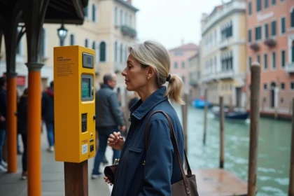 Touriste consultant une borne de vente de billets de vaporetto à un arrêt du Grand Canal à Venise