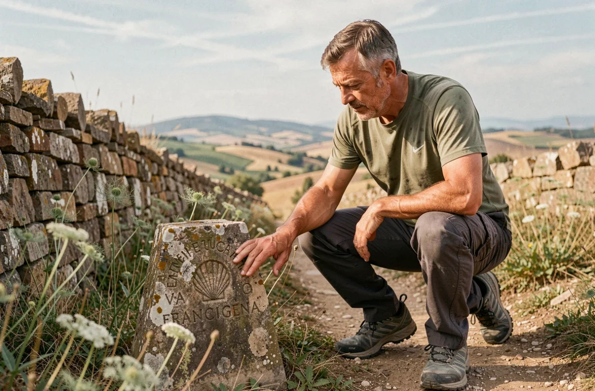 Randonneur examinant une borne de la Via Francigena gravée d'une coquille Saint-Jacques sur un sentier du Val d'Orcia en Toscane