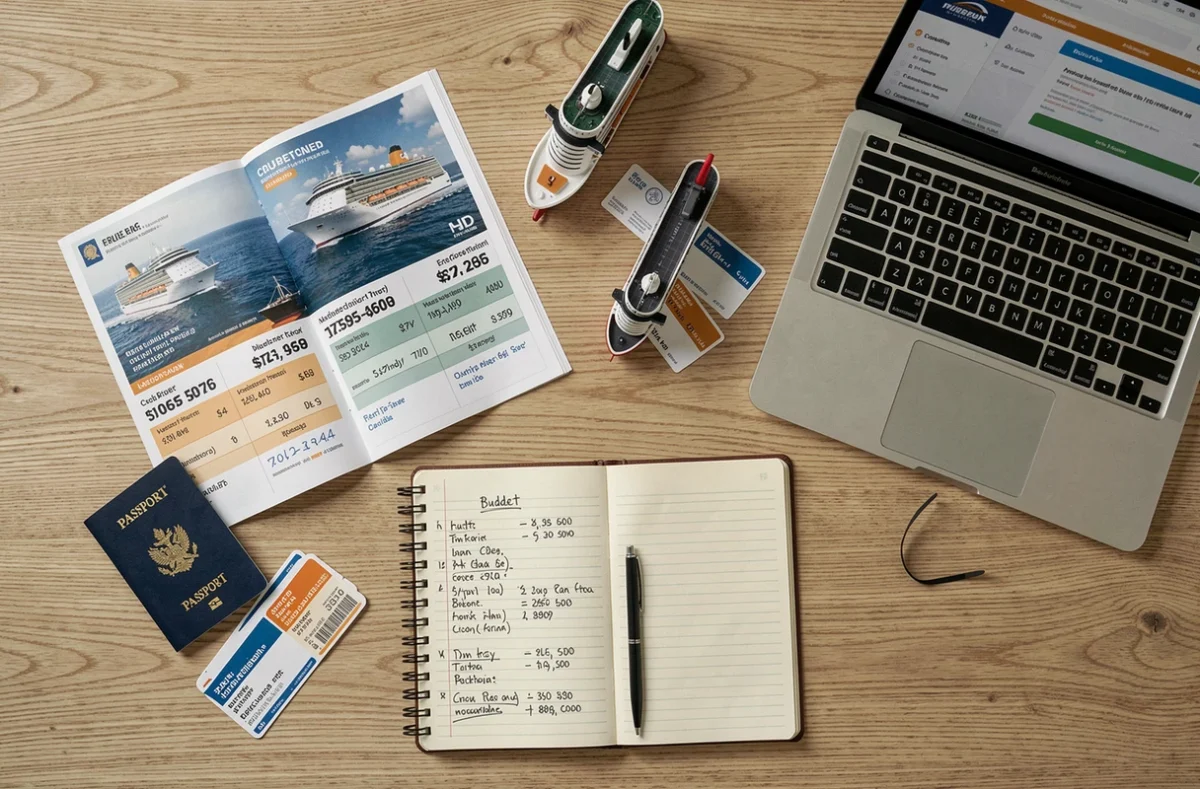 Vue aérienne d'un bureau avec brochure de croisière tout compris, passeport et calculs de budget de voyage