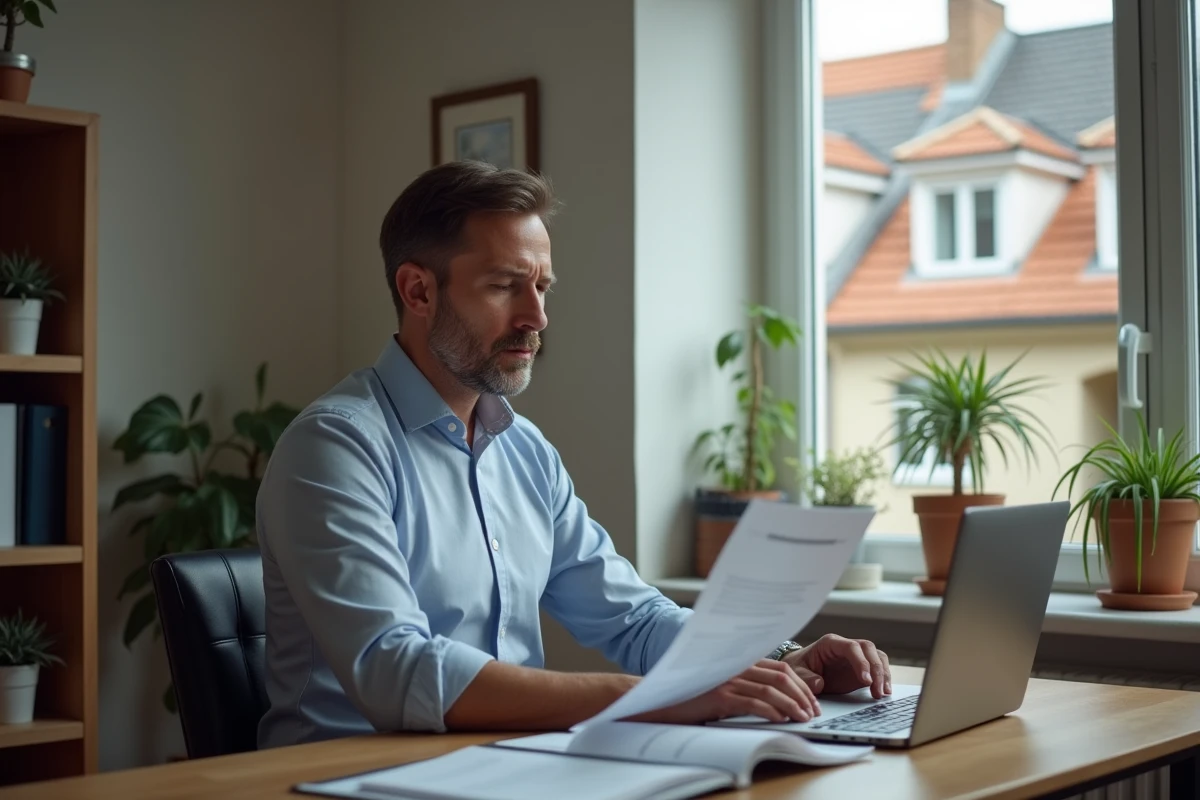 Homme consultant son budget et ses finances à domicile au Luxembourg, calcul du coût de la vie à Pétange