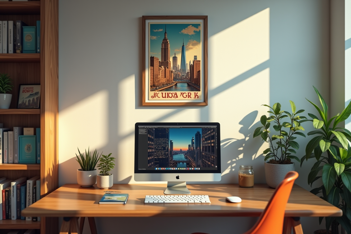 Espace de travail avec poster vintage de New York en cadre
