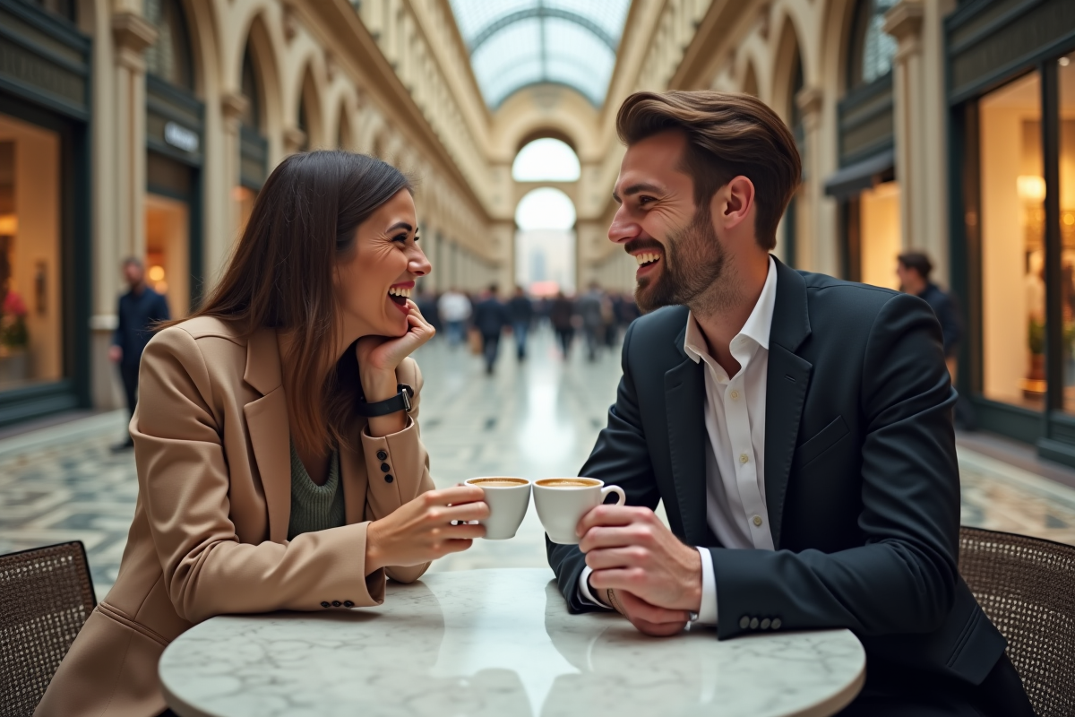 Jeune couple buvant espresso dans la Galleria