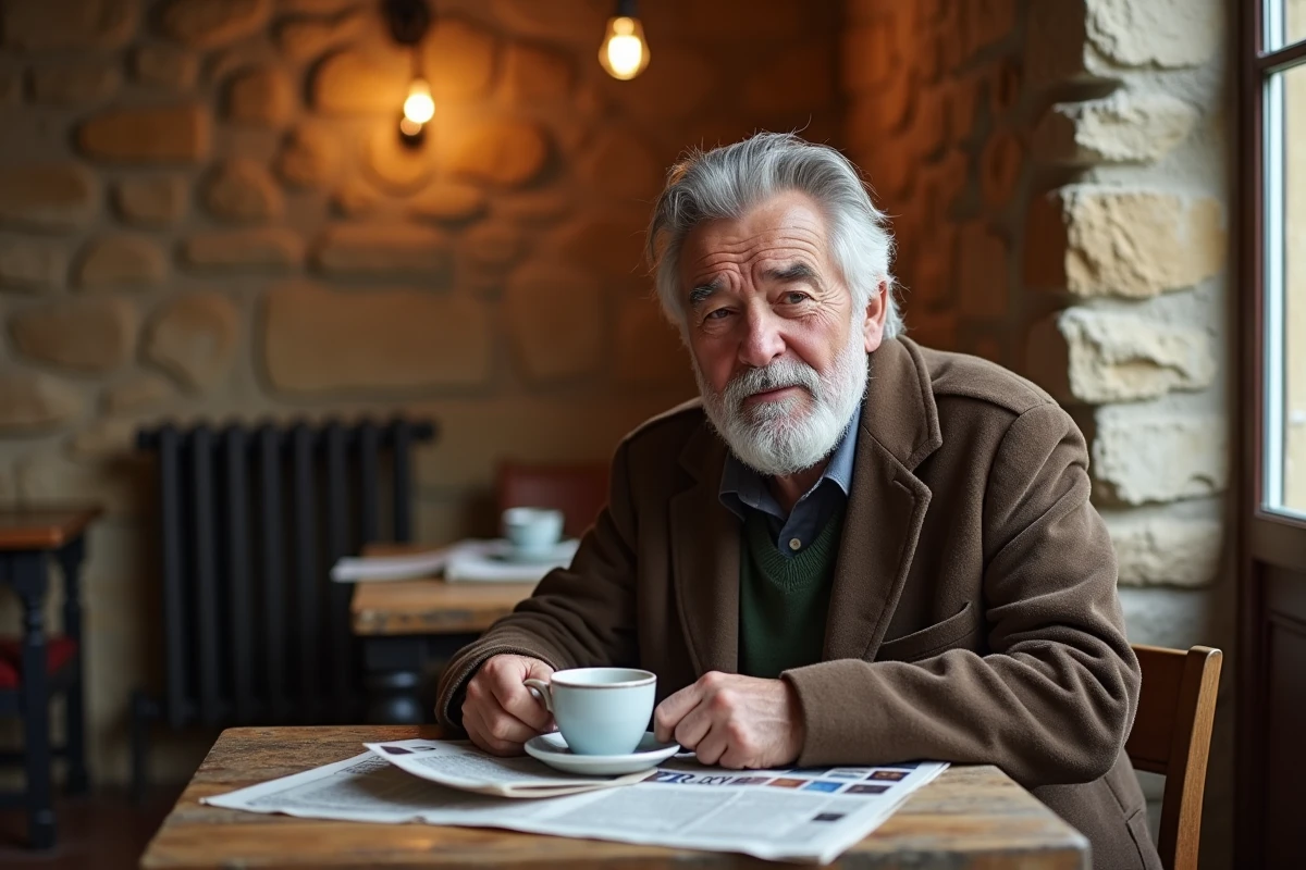 Homme attablé dans un café provençal typique de Gordes en hiver dégustant un café dans une ambiance chaleureuse