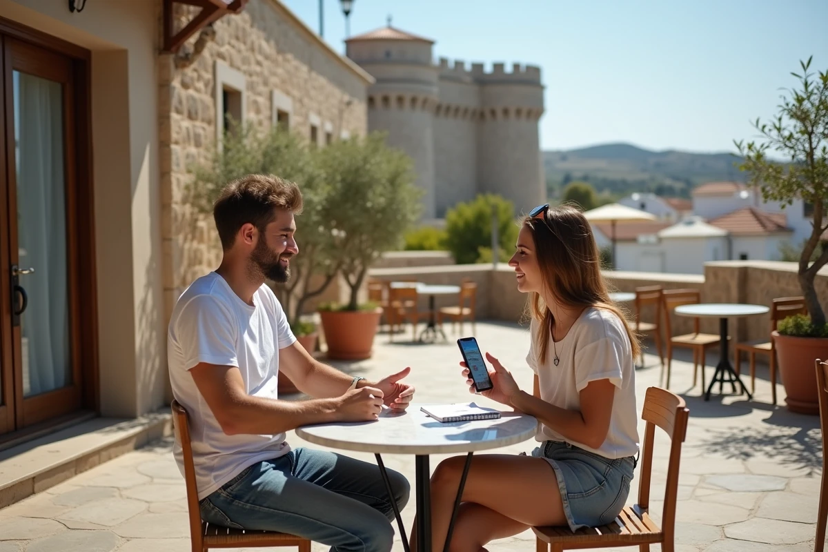 Couple de voyageurs consultant leur budget sur une terrasse de café à Chora, village principal de Kythira