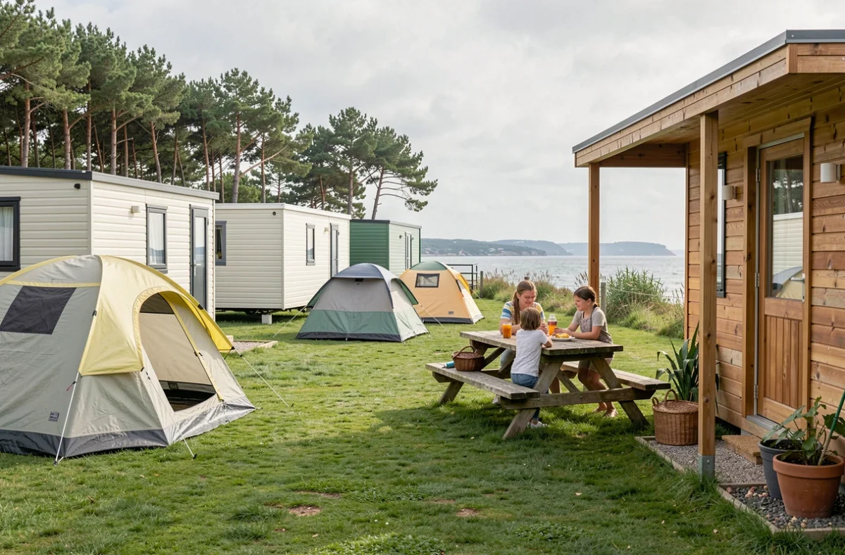Camping Les Mouettes à Carantec avec mobil-homes et tentes sur pelouse face à la Baie de Morlaix