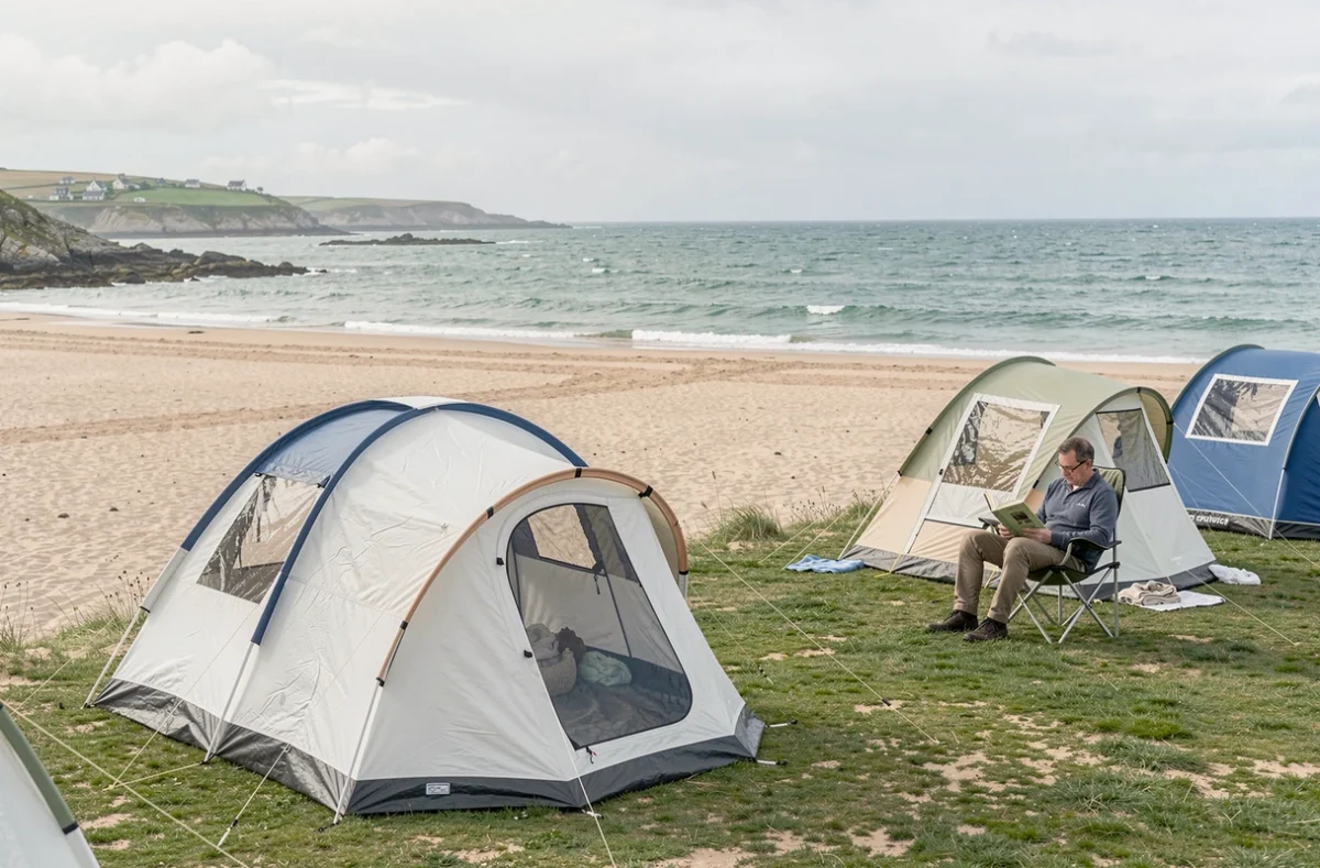 Camping La Plage de Tréguer à Plonévez-Porzay avec tentes en bord de plage dans la baie de Douarnenez