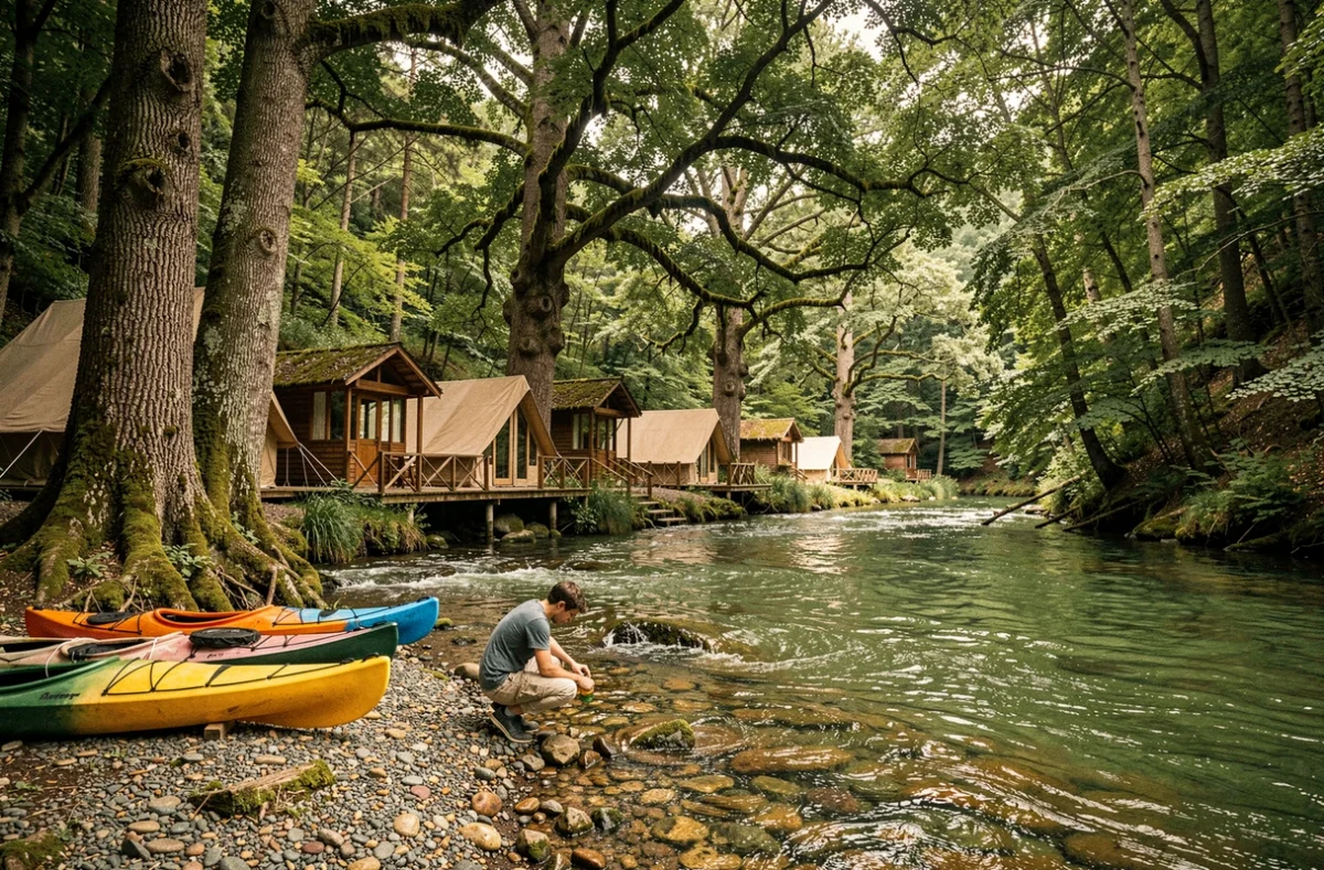 Camping Le Ty Nadan à Locunolé avec lodges en bois et rivière Ellé dans la forêt intérieure du Finistère