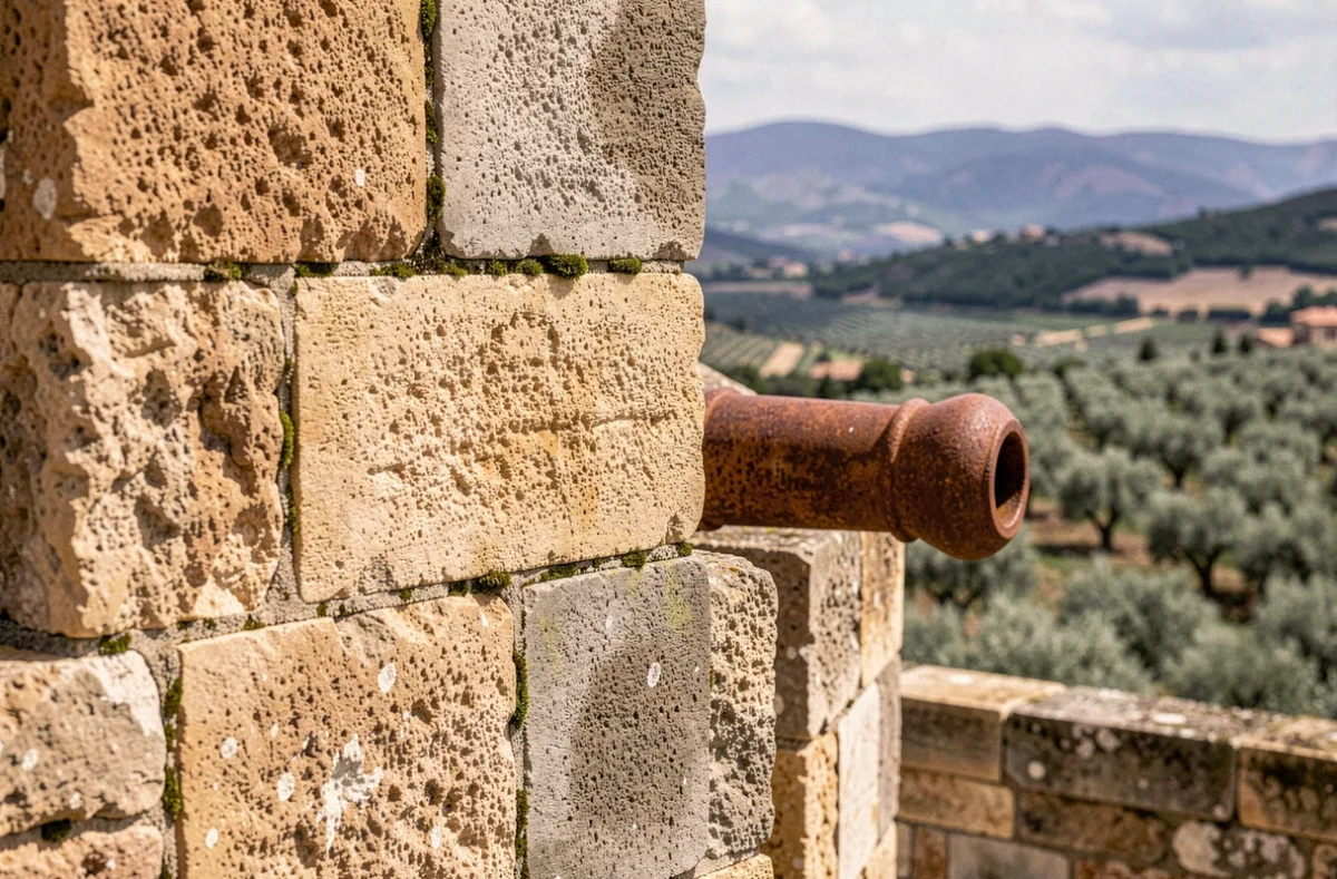 Canon en fonte rouillée sur le parapet des fortifications médiévales de Saint-Paul-de-Vence avec vue sur la vallée provençale