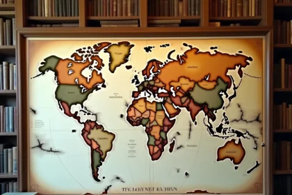 Carte politique vintage de l'Asie affichant les pays indépendants et les frontières contestées sur un mur en bois dans une bibliothèque universitaire