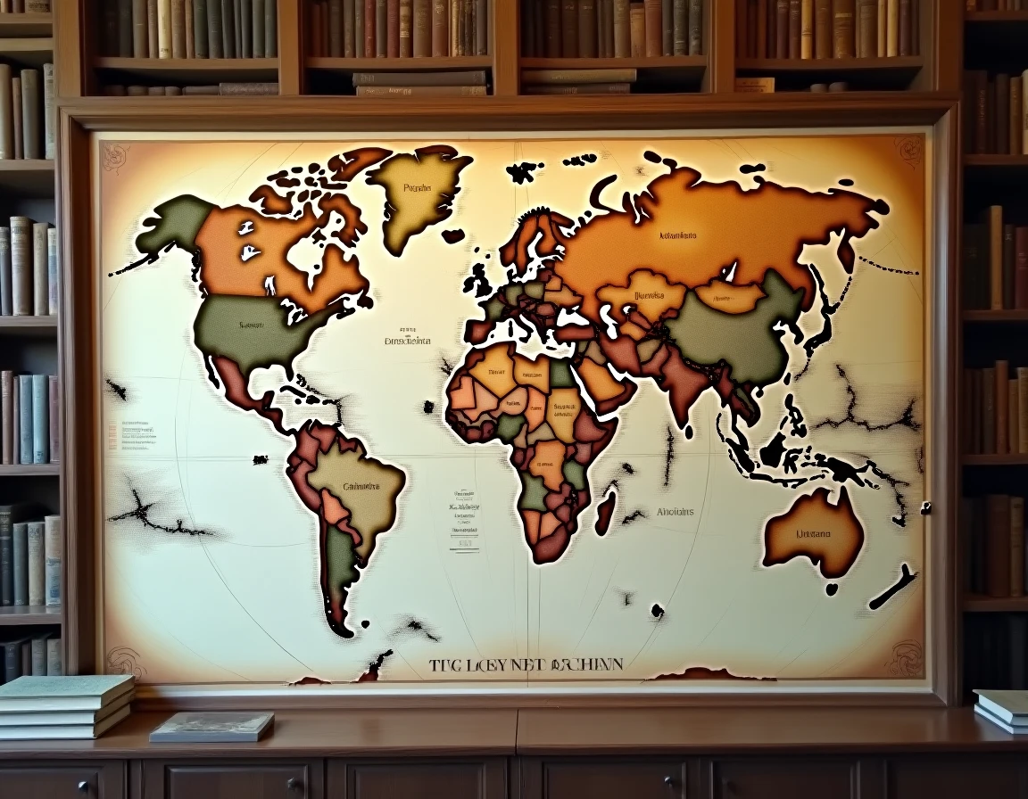 Carte politique vintage de l'Asie affichant les pays indépendants et les frontières contestées sur un mur en bois dans une bibliothèque universitaire