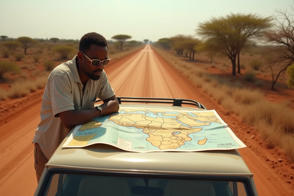 Homme consultant une carte routière de l'Afrique de l'Ouest sur le capot d'un 4x4 sur une piste latérite au Sénégal