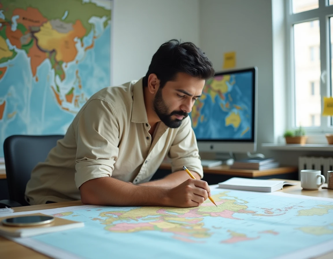 Cartographe traçant les frontières des pays asiatiques indépendants sur une table de travail dans un studio de recherche moderne