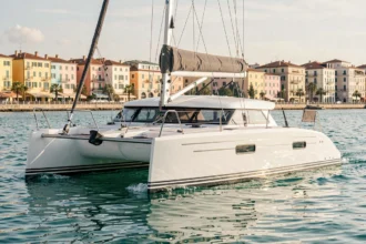 Catamaran moderne voguant sur la Baie des Anges à Nice avec la Promenade des Anglais en arrière-plan