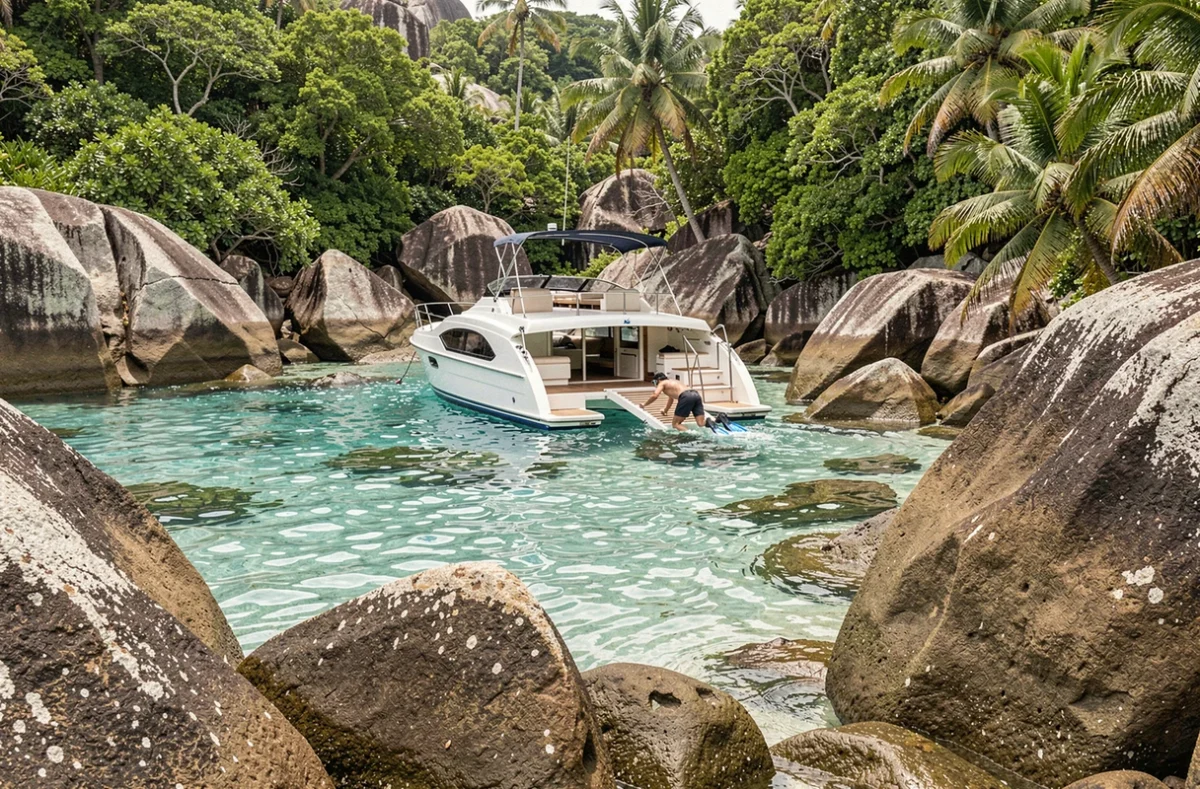 Petit catamaran ancré seul dans une crique isolée des Seychelles avec un snorkeleur