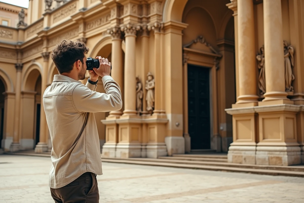 Jeune homme photographiant la cathédrale baroque en calcaire doré de Lecce sur la place principale, Pouilles, Italie
