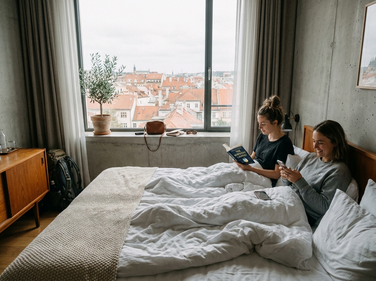 Couple féminin se relaxant naturellement dans une chambre d'hôtel gay friendly en Europe