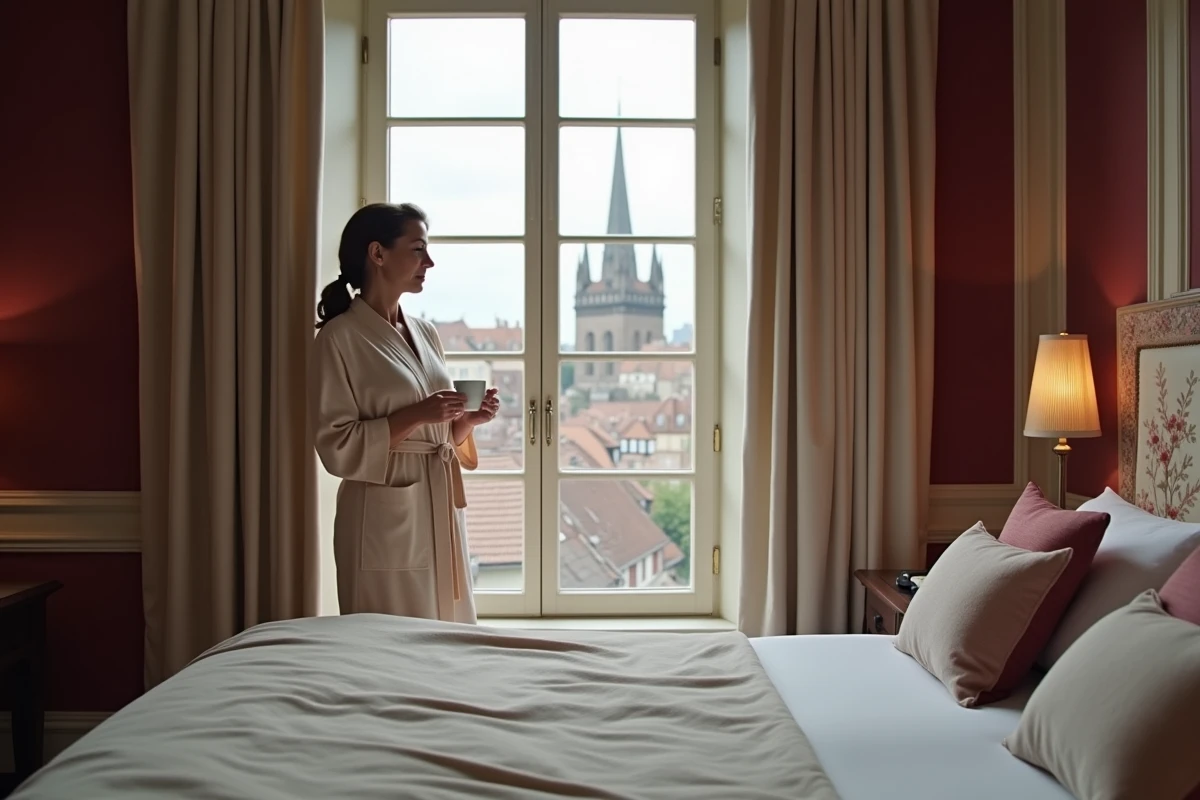 Chambre élégante d'un hôtel 5 étoiles à Strasbourg avec vue sur la cathédrale et décoration alsacienne raffinée