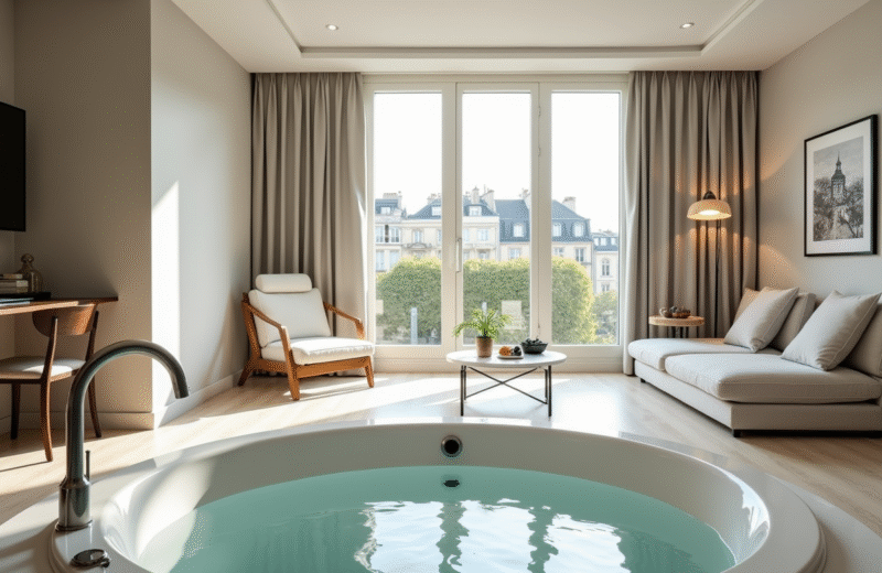 Chambre d'hôtel moderne à Paris avec jacuzzi privé et grande fenêtre