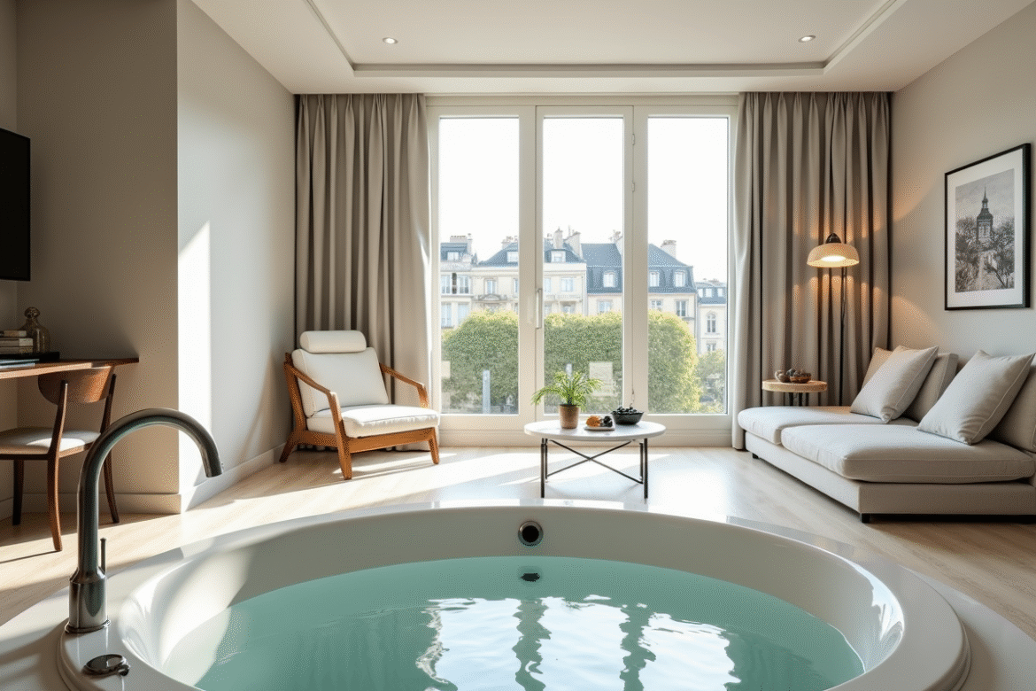 Chambre d'hôtel moderne à Paris avec jacuzzi privé et grande fenêtre