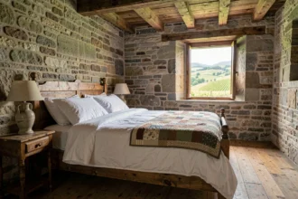 Chambre d'hôtes en Isère avec lit en bois rustique, murs en pierre et vue sur les collines verdoyantes