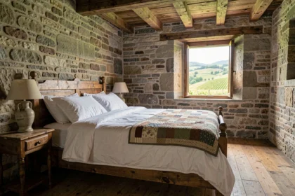 Chambre d'hôtes en Isère avec lit en bois rustique, murs en pierre et vue sur les collines verdoyantes