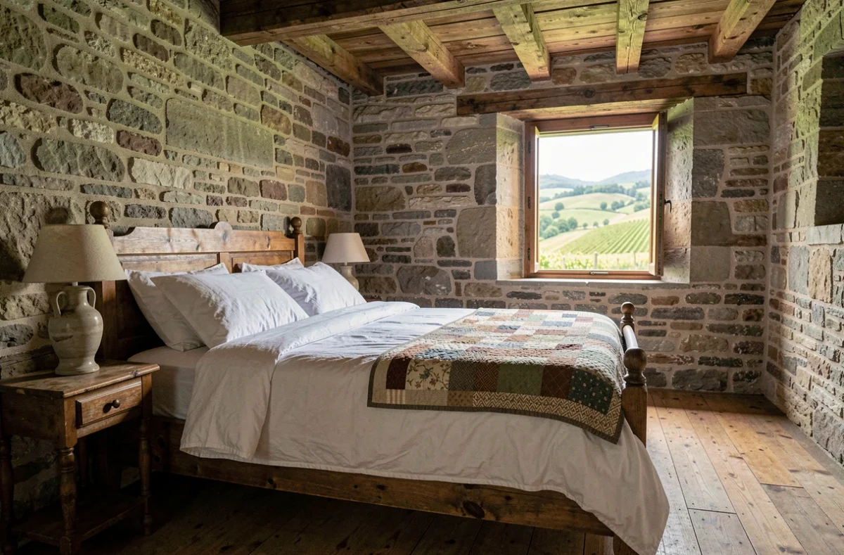 Chambre d'hôtes en Isère avec lit en bois rustique, murs en pierre et vue sur les collines verdoyantes