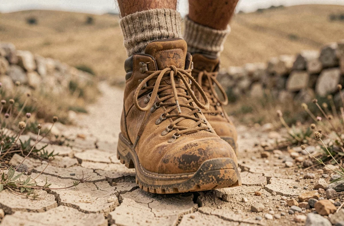 Gros plan d'une chaussure de randonnée en cuir poussiéreuse sur le sentier en terre battue de la Via Francigena dans le Val d'Orcia