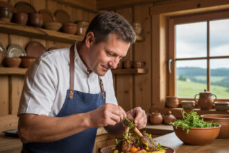 Chef en cuisine rustique garnissant un plat régional